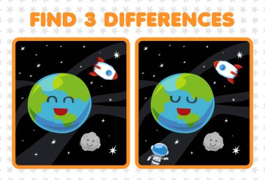 Education game for children find three differences between two cute cartoon solar system earth planet moon rocket astronaut