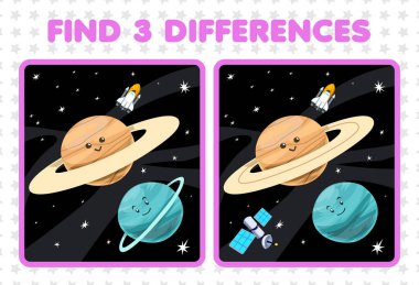 Education game for children find three differences between two cute cartoon solar system saturn uranus planet spaceship satellite
