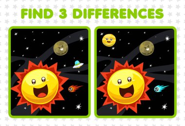 Education game for children find three differences between two cute cartoon solar system sun planet ufo comet