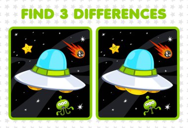 Education game for children find three differences between two cute cartoon solar system ufo star comet alien