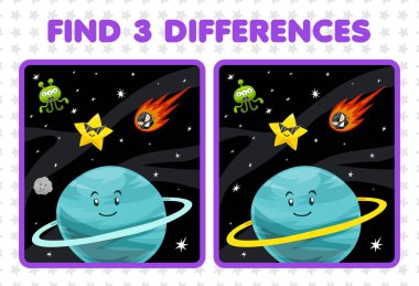Education game for children find three differences between two cute cartoon solar system uranus planet star alien comet