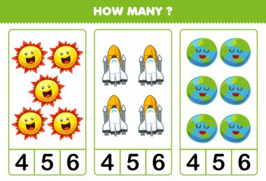 Education game for children counting how many cute cartoon solar system sun spaceship earth planet