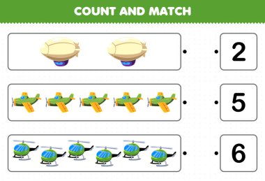 Education game for children count and match count the number of cartoon flying transportation zeppelin airplane helicopter and match with the right numbers printable worksheet