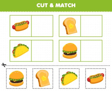 Education game for children cut and match the same picture of cartoon food hotdog toast taco burger printable worksheet