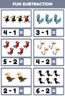 Education game for children fun subtraction by counting and eliminating cute cartoon bird animal pictures