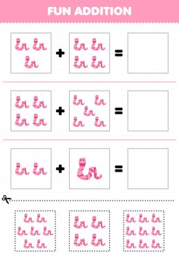 Education game for children fun addition by cut and match cute cartoon animal worm pictures worksheet