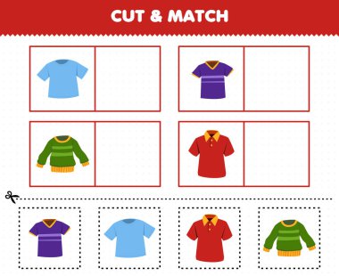 Education game for children cut and match the same picture of cartoon wearable clothes t shirt jersey sweater
