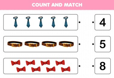 Education game for children count and match count the number of cartoon wearable clothes tie belt ribbon and match with the right numbers printable worksheet