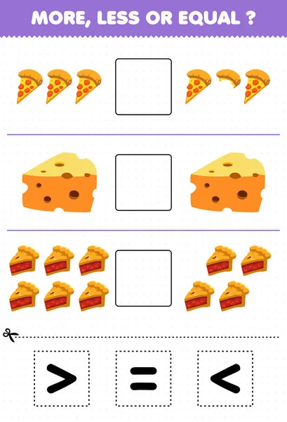 Education game for children more less or equal count the amount of cartoon food pizza cheese pie then cut and glue cut the correct sign