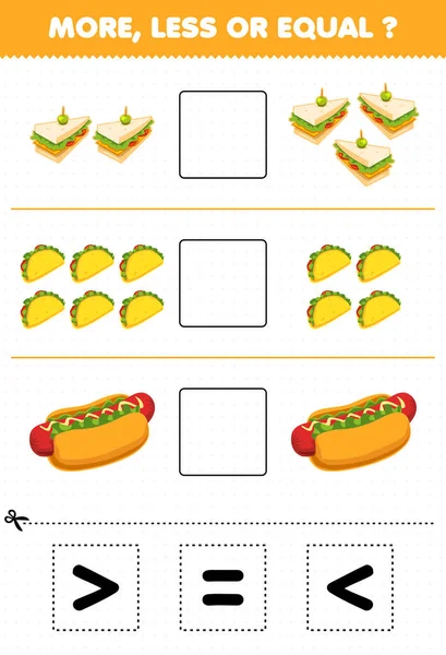 孩子们的教育游戏多多少少数一数二卡通片快餐三明治热狗然后切和粘贴切正确的标志 — 图库矢量图片