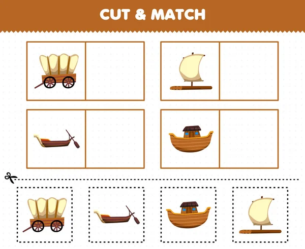 Education Game Children Cut Match Same Picture Cute Cartoon Wooden — Stockvector