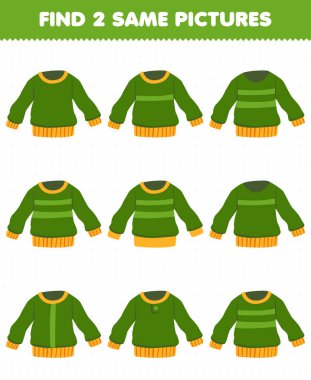 Education game for children find two same pictures cartoon wearable clothes green sweater