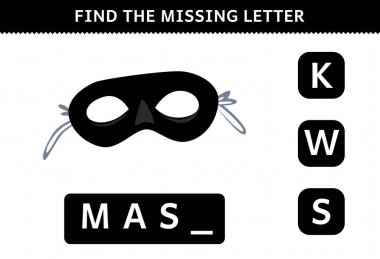 Education game for children find missing letter cartoon wearable clothes mask worksheet