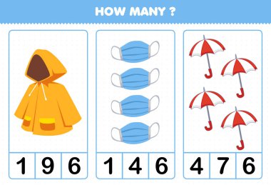 Education game for children counting how many cartoon wearable clothes raincoat masker umbrella