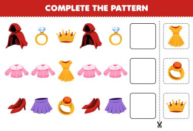 Education game for children complete the pattern logical thinking find the regularity and continue the row task with cartoon wearable clothes cloak ring crown blouse dress heel skirt