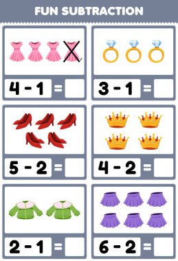 Education game for children fun subtraction by counting and eliminating cartoon wearable clothes dress ring heel crown blouse skirt printable worksheet