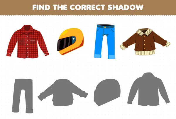 Education Game Children Find Correct Shadow Set Cartoon Wearable Clothes — Stok Vektör
