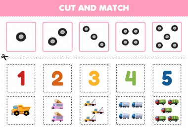 Education game for children cut and match the same number of cute cartoon truck transportation dump ice cream towing garbage printable worksheet