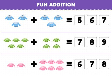 Education game for children fun addition by guess the correct number of wearable clothes blouse printable worksheet