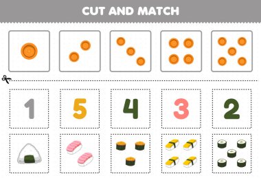 Education game for children cut and match the same number of cartoon japanese food sushi printable worksheet