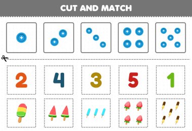 Education game for children cut and match the same number of cartoon food popsicle printable worksheet