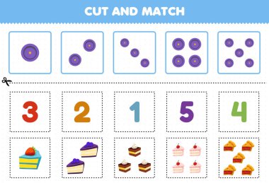 Education game for children cut and match the same number of cartoon food cake pie printable worksheet