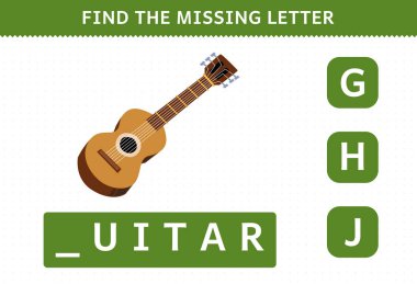 Education game for children find missing letter cartoon music instrument guitar worksheet