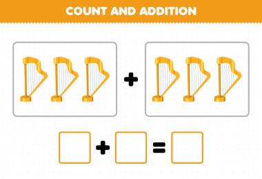 Education game for children fun addition by counting cartoon music instrument harp pictures worksheet