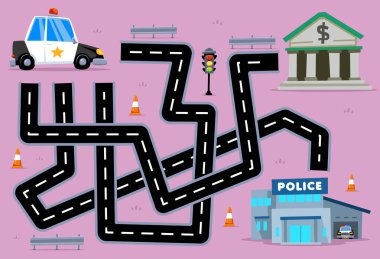 Maze puzzle game for children help cartoon rescue transportation police car find the right path to the bank or police station