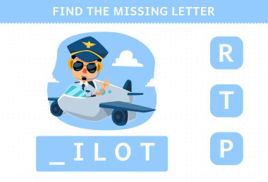 Education game for children find missing letter of cute cartoon profession pilot printable worksheet