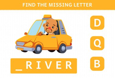 Education game for children find missing letter of cute cartoon profession driver printable worksheet