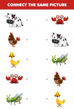 Education game for children connect the same picture of cute cartoon animal cow chicken duck crab grasshopper printable worksheet