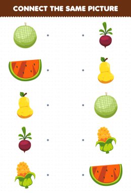 Education game for children connect the same picture of cartoon fruit and vegetable melon watermelon pear beet corn printable worksheet