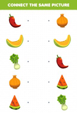Education game for children connect the same picture of cartoon fruit and vegetable chilli melon lettuce onion watermelon printable worksheet