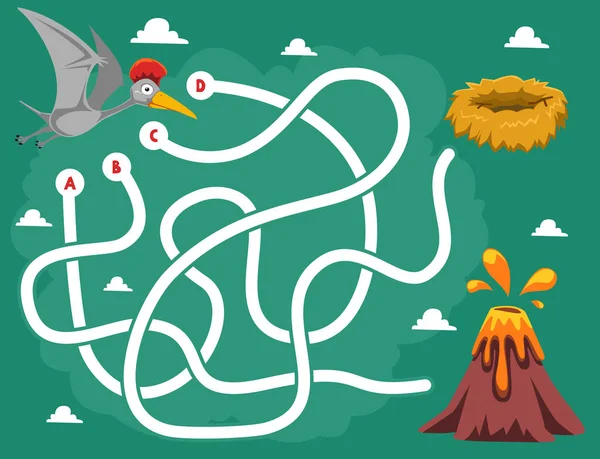 Maze Puzzle Game Children Cute Cartoon Flying Prehistoric Dinosaur Volcano — Vettoriale Stock