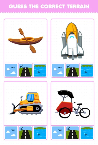子供のための教育ゲームは 漫画輸送カヤック宇宙船ブルドーザーPedicap印刷ワークシートの正しい地形空気の土地や水を推測します — ストックベクタ
