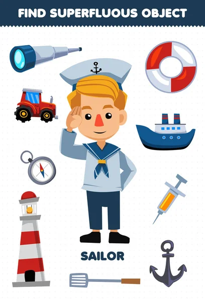 Education Game Children Find Superfluous Objects Cute Cartoon Profession Sailor — Stock vektor