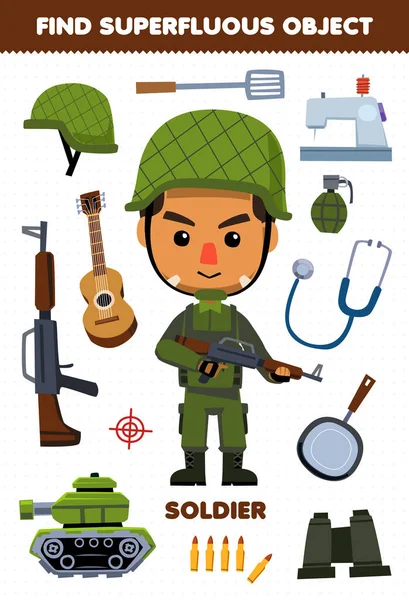 Education Game Children Find Superfluous Objects Cute Cartoon Profession Soldier — Stock vektor