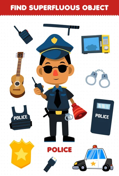 Education Game Children Find Superfluous Objects Cute Cartoon Profession Police — Stock vektor
