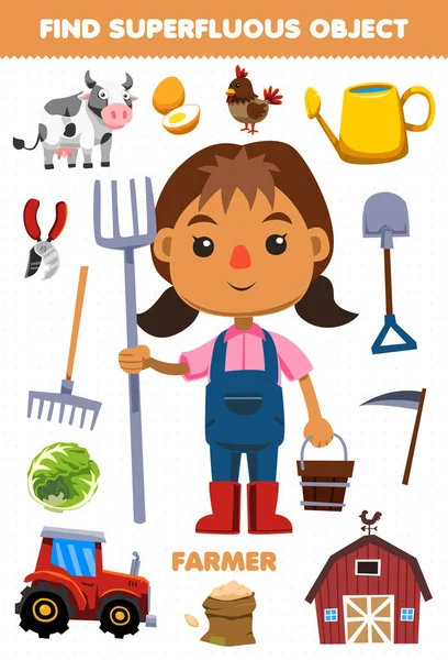 Education Game Children Find Superfluous Objects Cute Cartoon Profession Farmer — Stock vektor