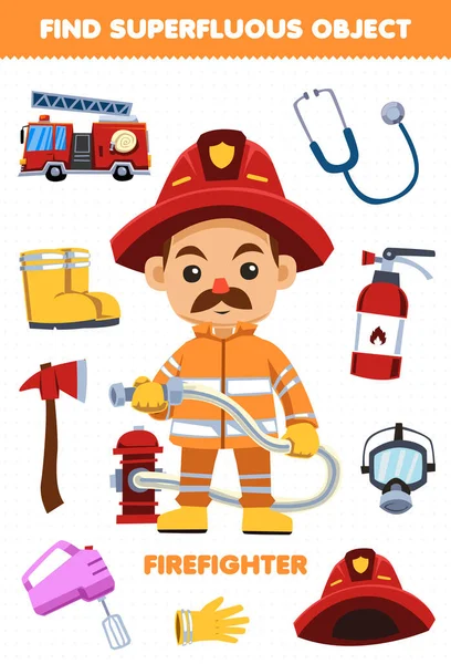 Education Game Children Find Superfluous Objects Cute Cartoon Profession Firefighter — Stock vektor