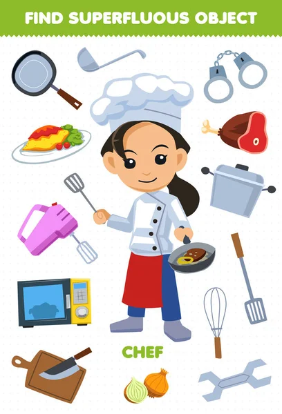 Education Game Children Find Superfluous Objects Cute Cartoon Profession Chef — Stock vektor