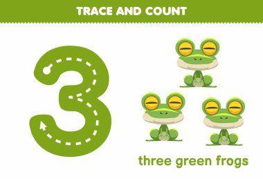 Education game for children tracing number three and counting of cute cartoon animal green frog printable worksheet