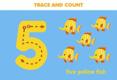 Education game for children tracing number five and counting of cute cartoon animal yellow fish printable worksheet