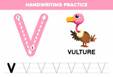 Education game for children handwriting practice with uppercase letters V for vulture printable worksheet