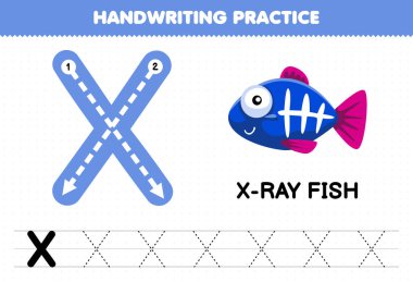 Education game for children handwriting practice with uppercase letters X for x-ray fish printable worksheet