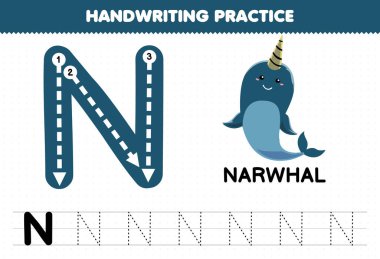 Education game for children handwriting practice with uppercase letters N for narwhal printable worksheet