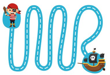 Education game for children handwriting practice trace the lines move cute cartoon pirate boy to ship halloween printable worksheet