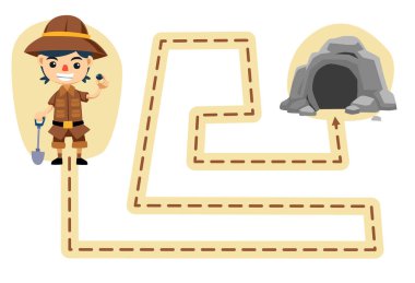 Education game for children handwriting practice trace the lines move cute cartoon geologist profession to cave printable worksheet