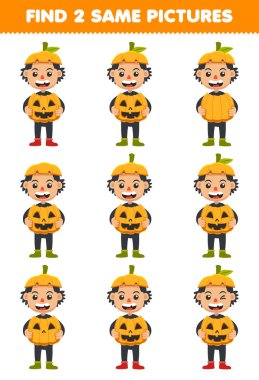 Education game for children find two same pictures of cute cartoon pumpkin boy costume halloween printable worksheet